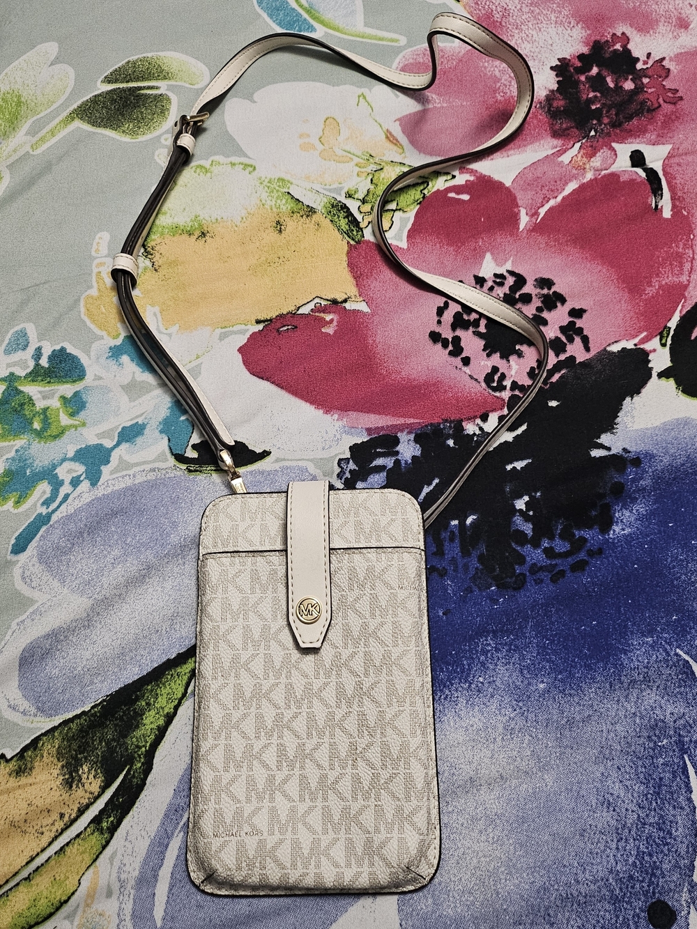 Michael Kors Beige/White MK Monogram Crossbody Phone Bag
